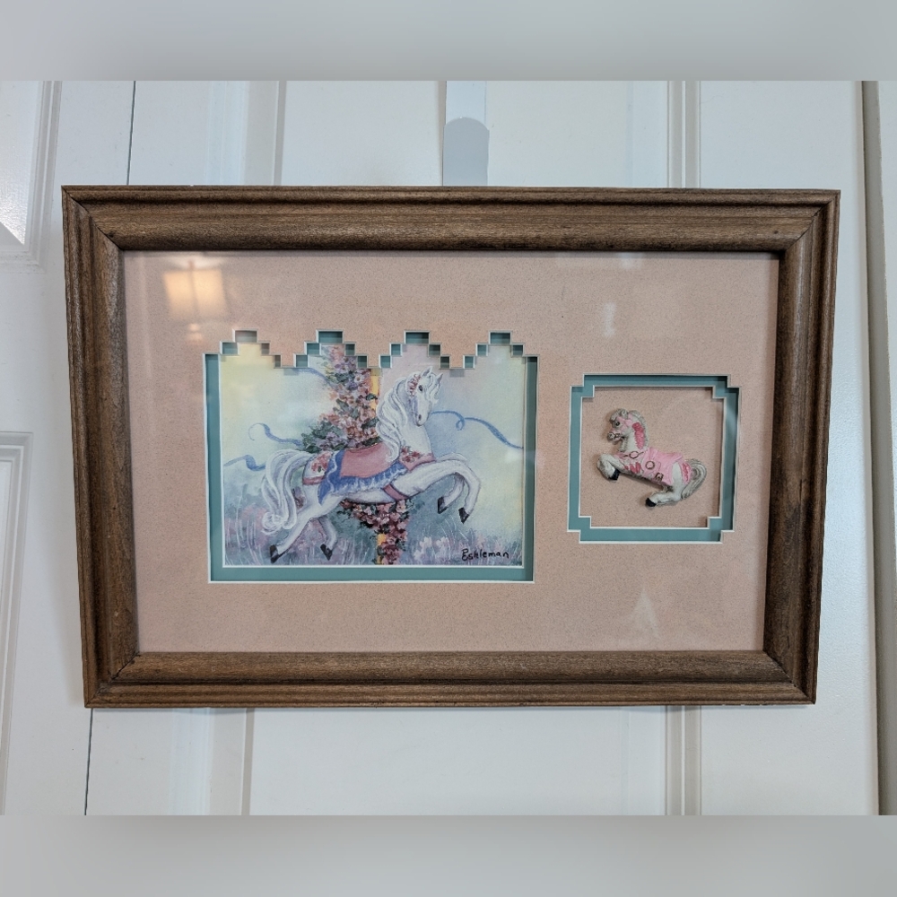 Framed Carousel Horse Original Art with Pink, Blue and Brown Accents mixed media